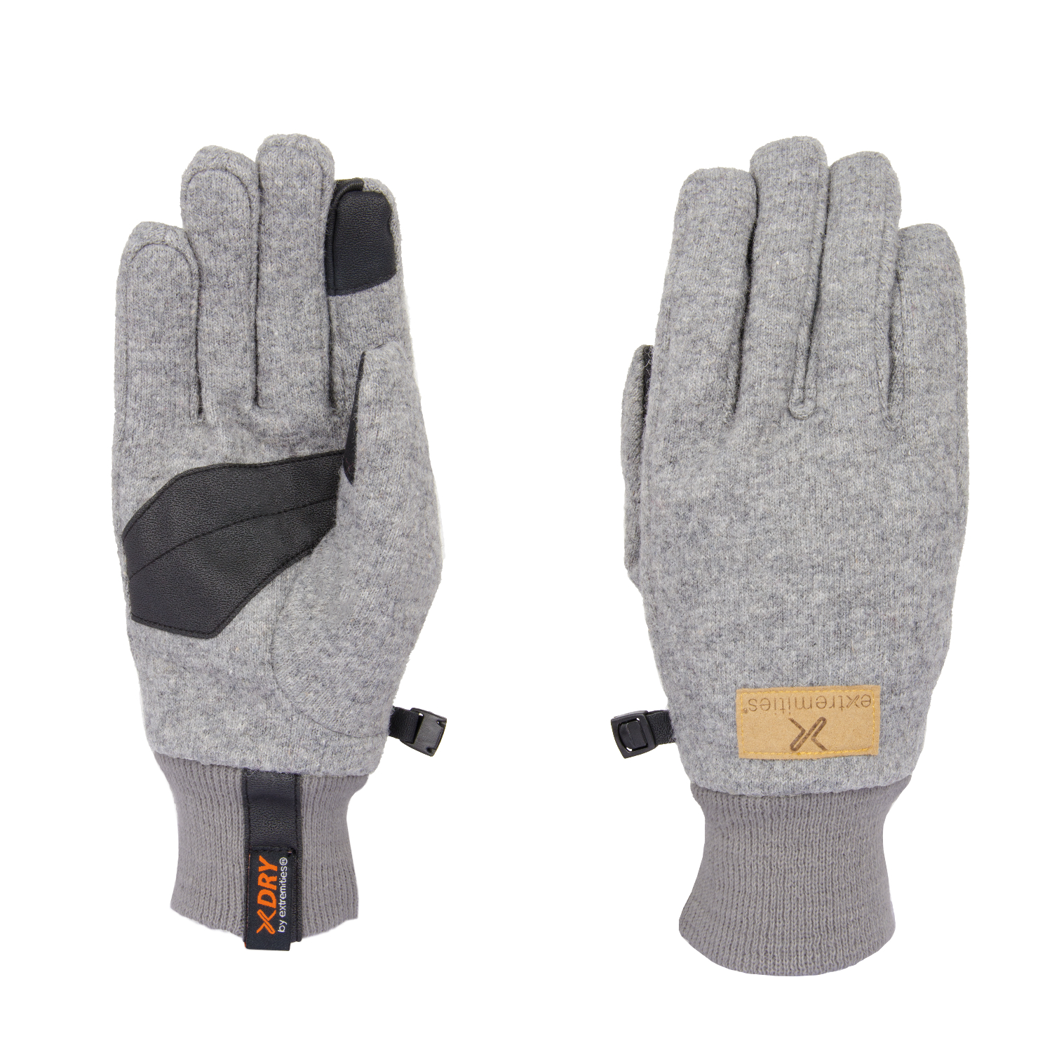 Igneous-Glove-Back-and-Palm-1.jpg Gray outdoor gloves with a textured palm for enhanced grip, featuring a thumb patch and a branded tag. Ideal for cold weather activities and versatile use.
