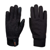 Pair of black gloves on a white background, one showing the palm with a textured silicone X-pattern grip and reinforced touchscreen-friendly thumb and finger tips, the other showing the smooth back with a small orange xDRY brand tab at the cuff.