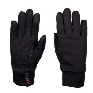 Insulated-Sticky-Power-Liner-Back-and-Palm-1.jpg Pair of black gloves on a white background, one showing the palm with a textured silicone X-pattern grip and reinforced touchscreen-friendly thumb and finger tips, the other showing the smooth back with a small orange xDRY brand tab at the cuff.