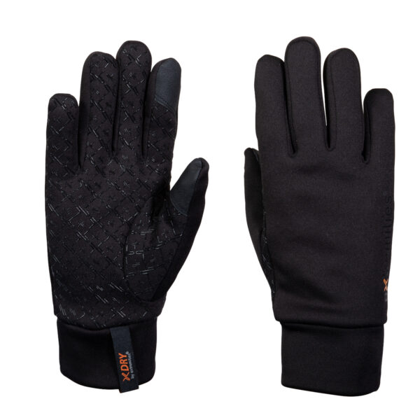 Insulated-Sticky-Power-Liner-Back-and-Palm-1.jpg Pair of black gloves on a white background, one showing the palm with a textured silicone X-pattern grip and reinforced touchscreen-friendly thumb and finger tips, the other showing the smooth back with a small orange xDRY brand tab at the cuff.