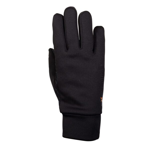 Insulated-Sticky-Power-Liner-back-1500x1500-1-1.jpg Black five-finger fabric glove with a long ribbed wrist cuff and a small orange logo on the outer side, displayed flat with fingers extended on a white background.