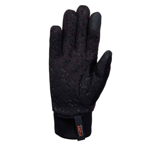 Insulated-Sticky-Power-Liner-palm-1500x1500-1-1.jpg Single black insulated glove laid flat with palm facing up, featuring a raised cross-pattern grip across palm and fingers, reinforced touchscreen-style patches on the thumb and index fingertip, and an elasticised cuff with a small black tag labelled XDRY in orange.