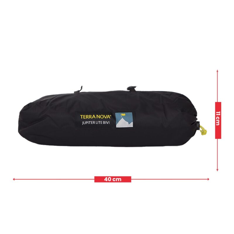 Jupiter-Lite-Bivi-1500-x-1500-3.jpg Black cylindrical stuff sack for a Terra Nova Jupiter Lite Bivi with logo patch and yellow drawcord on a white background, shown with red arrows indicating 40 cm length and 11 cm height