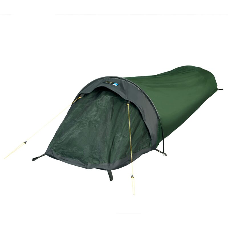 Jupiter-Lite-Bivi-Both-Doors-Closed-52JL-3000x3000px-300dpi-3.jpg Green single-person bivvy tent with a tapered mummy shape and dark grey hood, showing a mesh front entrance, curved pole support and yellow guy lines.