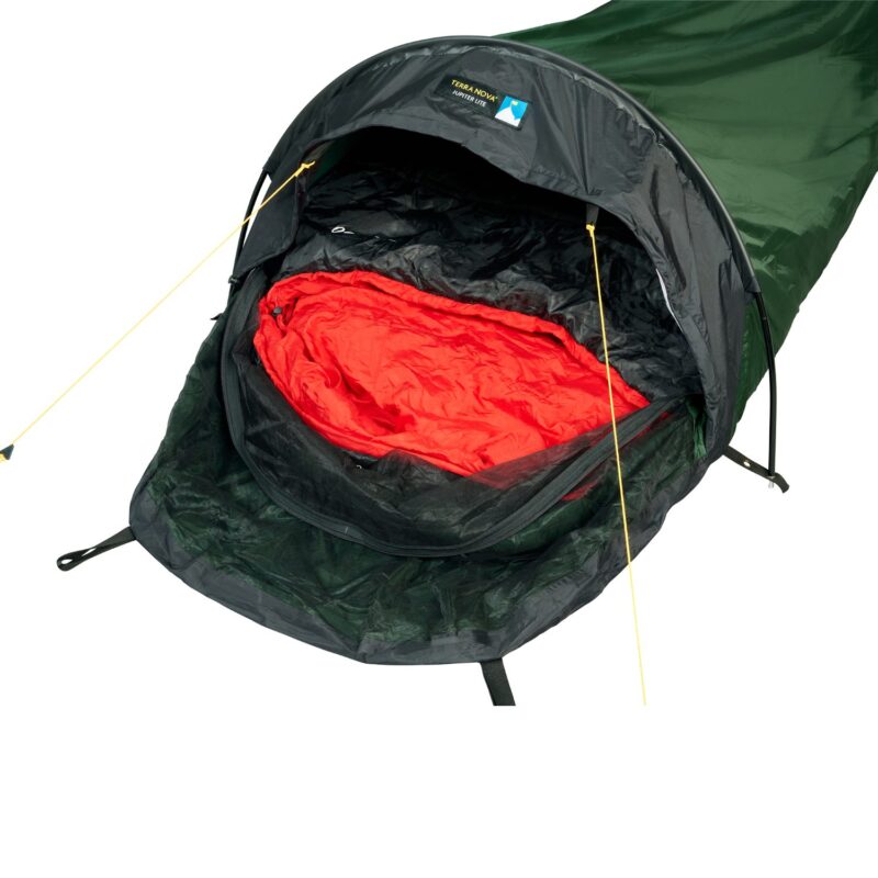 Jupiter-Lite-Bivi-Both-Doors-Open-Close-Up-52JL-3000x3000px-300dpi-3.jpg Green single-person bivvy-style tent with a black hood and yellow guy lines, its entrance open to reveal a bright red sleeping bag inside