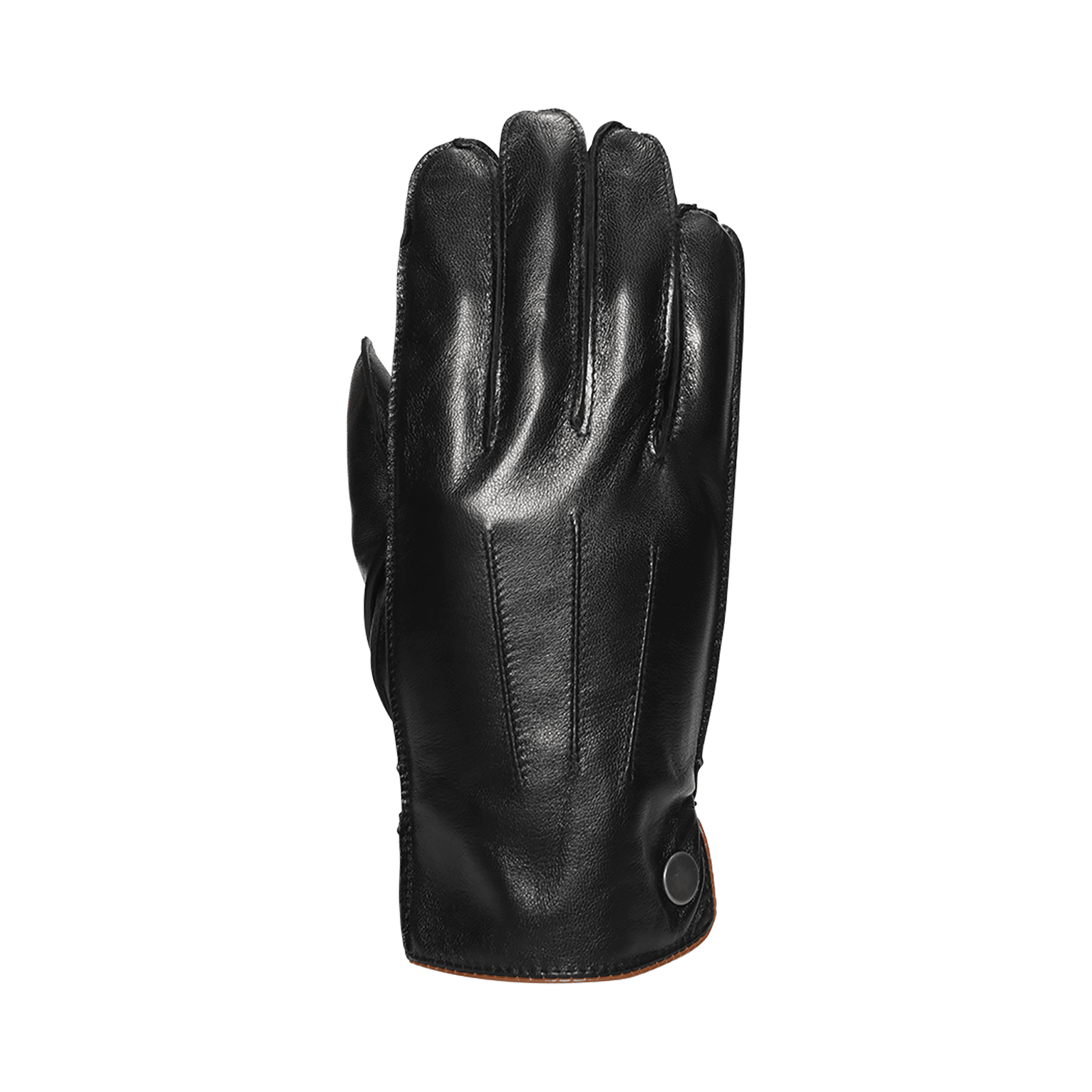 Laax-Gloves-Back_3000px_300dpi-3.png Black smooth leather glove shown with the back of the hand visible, three vertical stitched decorative lines and a snap-button cuff with a brown-trimmed edge