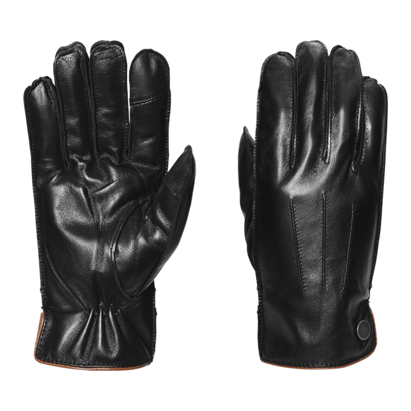 Pair of black leather gloves laid flat on a white background, left glove showing the palm with gathered wrist and stitched finger details, right glove showing the back with three decorative seams and a small snap at the cuff with brown trim visible