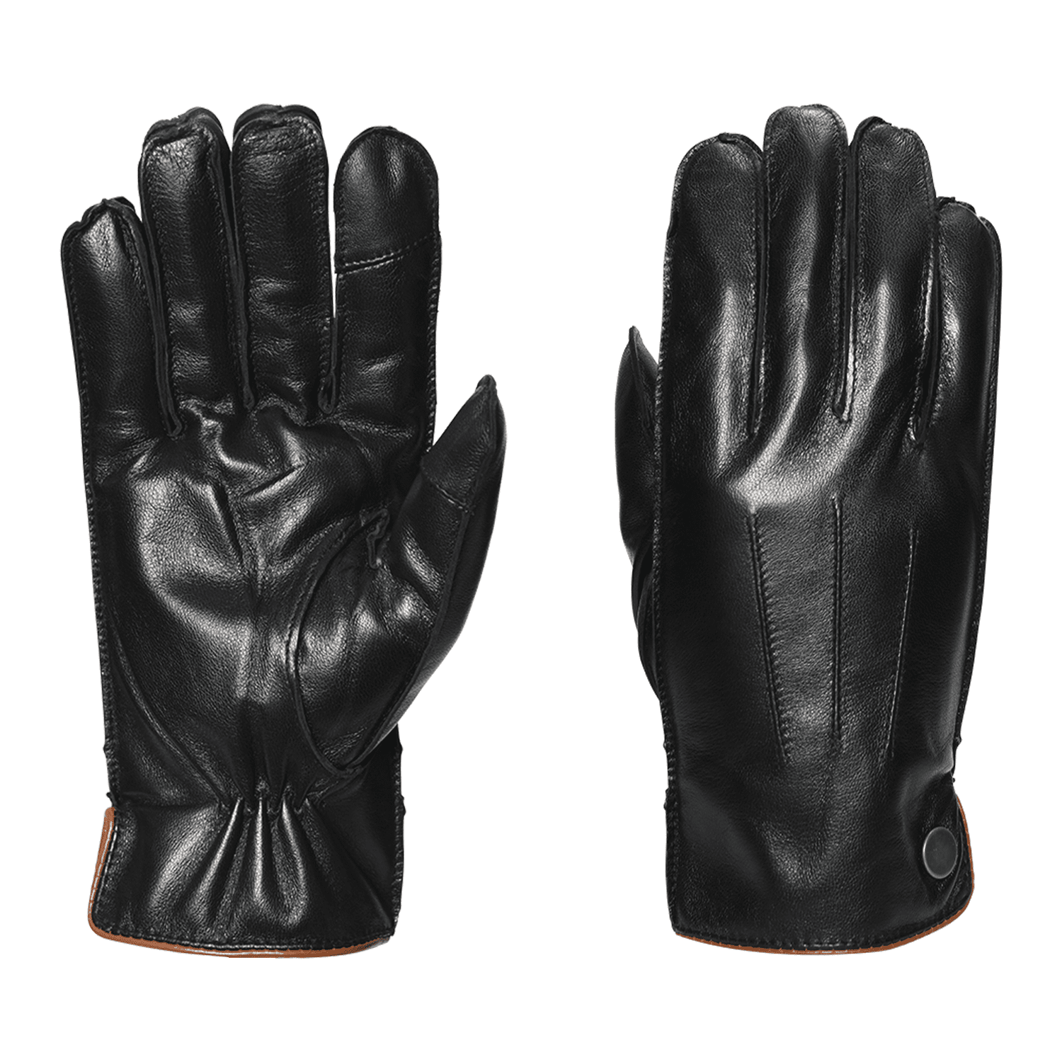 Laax-Gloves-Palm-and-Back_1500px_72dpi-3.png Pair of black leather gloves laid flat on a white background, left glove showing the palm with gathered wrist and stitched finger details, right glove showing the back with three decorative seams and a small snap at the cuff with brown trim visible