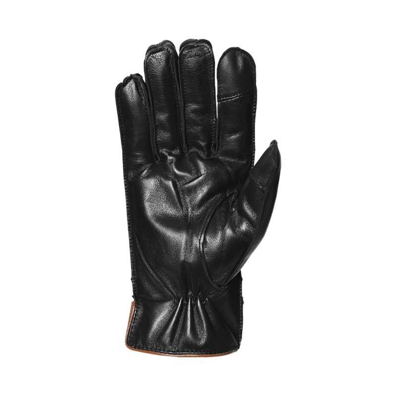 Black leather glove shown palm-up with visible stitching along the fingers, gathered elastic at the wrist and a short cuff revealing a brown inner lining on a white background.