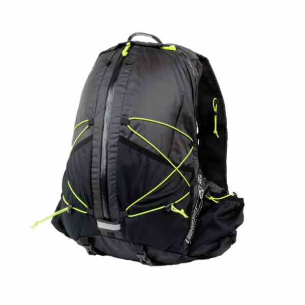 Laser-20-Pro-Pack-1.png Black sporty daypack on a white background with a central vertical zip, neon-green bungee cord crisscross over mesh front pockets, padded shoulder straps and multiple adjustment buckles and pockets