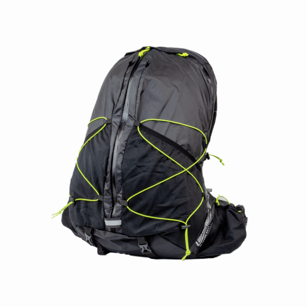 Black hiking backpack with neon green bungee cords crisscrossing the front, mesh side pockets, central vertical zip and padded hip belt.