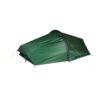 Laser-All-Season-2-All-Doors-Closed-1500x1500-72dpi-1.jpg Low-profile dark green tunnel tent with black trim and yellow guy-lines staked out, shown on a white background.