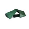 Laser-All-Season-2-Both-Doors-Open-3000x3000-300dpi-scaled-2.jpg Low-profile dark green two-person tunnel tent with black trim and single arched pole, partially open doorway revealing the black inner groundsheet and secured with yellow guy lines on a white background.