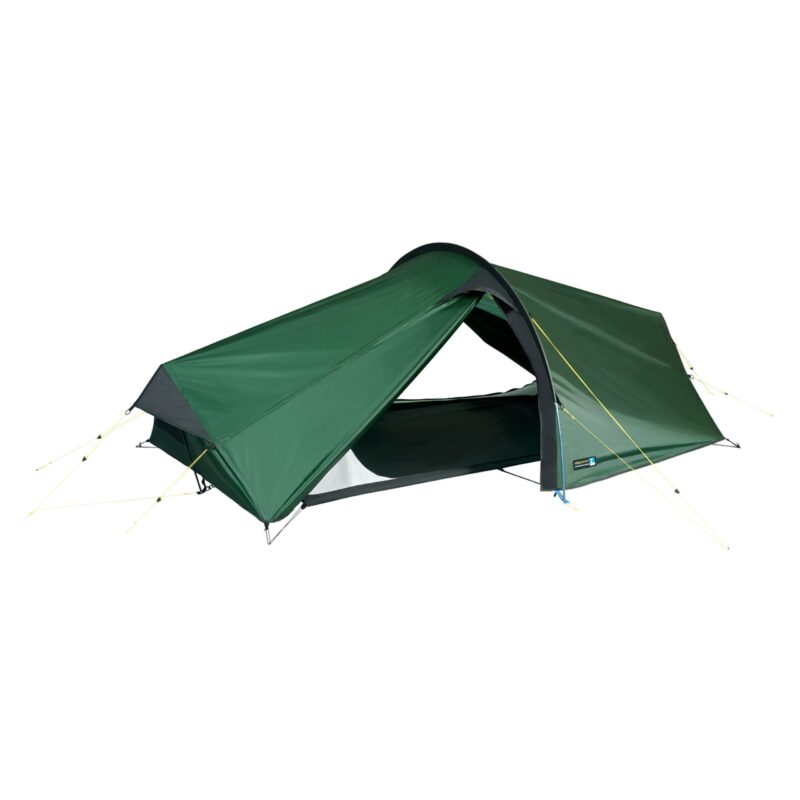 Laser-All-Season-2-Both-Doors-Open-3000x3000-300dpi-scaled-2.jpg Low-profile dark green two-person tunnel tent with black trim and single arched pole, partially open doorway revealing the black inner groundsheet and secured with yellow guy lines on a white background.