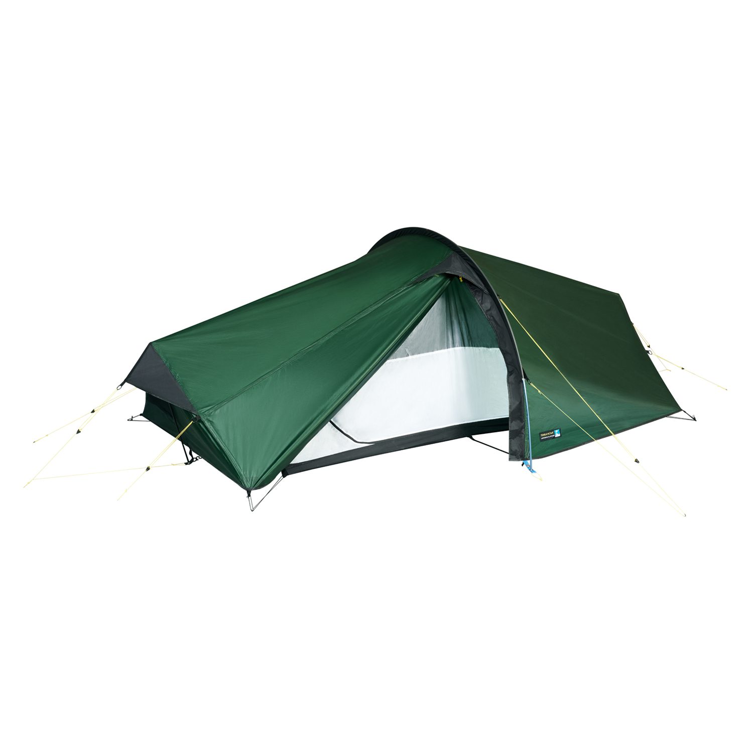 Laser-All-Season-2-Inner-Door-Closed-1500x1500-72dpi-1.jpg Low-profile dark green tunnel-style backpacking tent with a partially open front fly revealing a white mesh inner body, supported by black poles and visible yellow guy lines on a plain white background.
