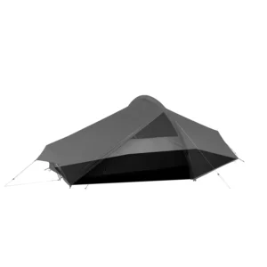 Low-profile grey single-person backpacking tent with a tapered tunnel shape, staked and guyed at both ends, the partially opened fly revealing a dark inner floor and mesh inner body.