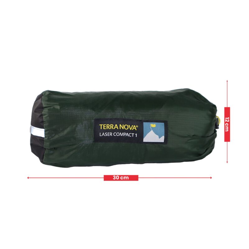 Green cylindrical stuff sack labeled TERRA NOVA LASER COMPACT 1 lying horizontally on a white background with red arrows indicating 30 cm length and 12 cm height.