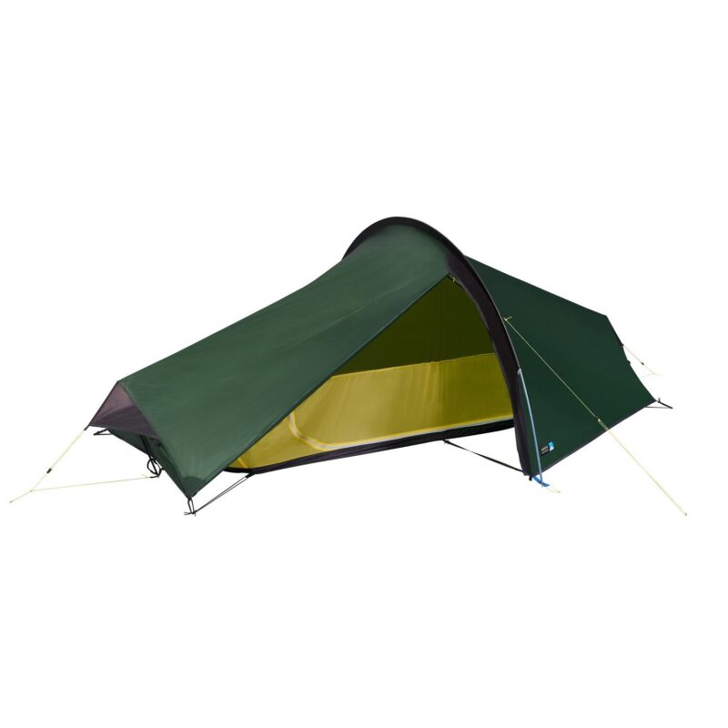 Laser-Compact-1-Fly-Door-Open-SS22_1500px_72dpi-3.jpg Dark green single-arch backpacking tent with a yellow inner sleeping area, black pole frame and taut guy lines, shown pitched on a white background.