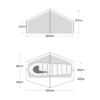 Two grey schematic views of a small peaked tent with measurements: front elevation showing 220 cm width, left wall 30 cm and peak 87 cm heights; top-down interior view showing a sleeping bag inside and overall 220 cm length with side clearances about 94 cm and 48 cm on the left and 62 cm and 22 cm on the right.