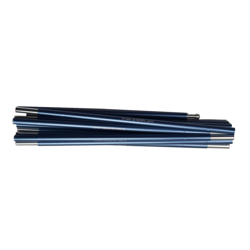 Stack of blue telescopic aluminium tent poles with silver end ferrules laid on a white background