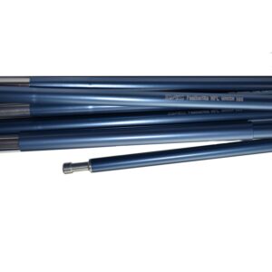 Blue anodised telescopic tent poles stacked together, showing several tubular segments and a metal pin connector at one end.