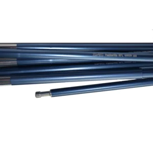 Blue anodised telescopic tent poles stacked together, showing several tubular segments and a metal pin connector at one end.