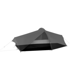Laser-Compact-2-1500x1500-1-1.jpg Low-profile single-occupant tunnel tent staked and guyed out, with the outer flysheet partially open to reveal the inner mesh sleeping compartment and dark bathtub-style floor.
