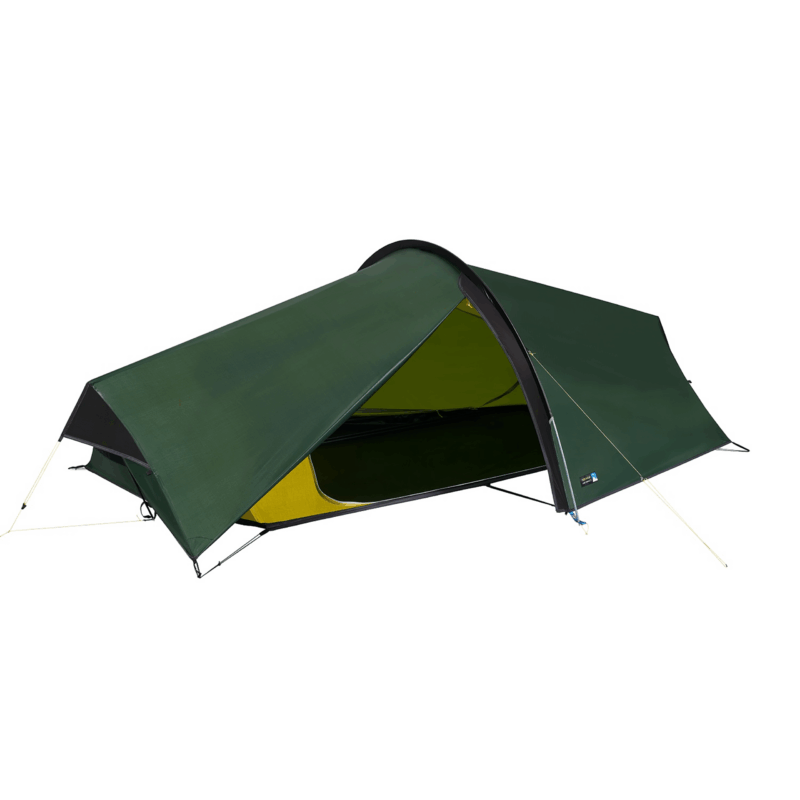 Laser-Compact-2-Fly-and-Inner-Doors-Open-SS22_3000px_72dpi-1.png Low-profile dark green tunnel tent with a curved black pole, open yellow inner lining, and taut guy lines on a white background