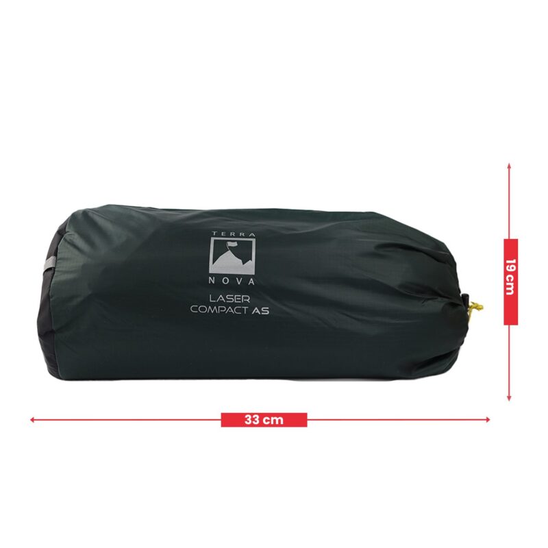 Dark green Terra Nova Laser Compact AS stuff sack with printed logo, rolled and closed with a yellow drawcord, shown horizontally with red measurement arrows indicating 33 cm length and 19 cm height