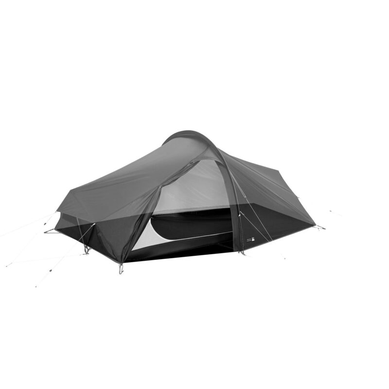 Lightweight two-person backpacking tent in a low-profile tunnel design, flysheet partially open to reveal inner mesh and dark groundsheet, pegged out with guylines on a plain white background.