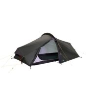 Low-profile black single-wall backpacking tent with taut outer fly and yellow guy lines, partially open front door revealing pale inner mesh and sleeping area.