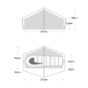 Schematic pair of grey diagrams of a small hexagonal tent with measurements — an elevation view with a central peak and base width 217cm and side heights marked 98cm and 50cm, and a top-down interior view showing a sleeping bag and internal clearances with width 217cm and side dimensions marked 110cm/38cm and 93cm/25cm.