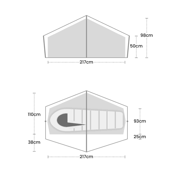 Schematic pair of grey diagrams of a small hexagonal tent with measurements — an elevation view with a central peak and base width 217cm and side heights marked 98cm and 50cm, and a top-down interior view showing a sleeping bag and internal clearances with width 217cm and side dimensions marked 110cm/38cm and 93cm/25cm.