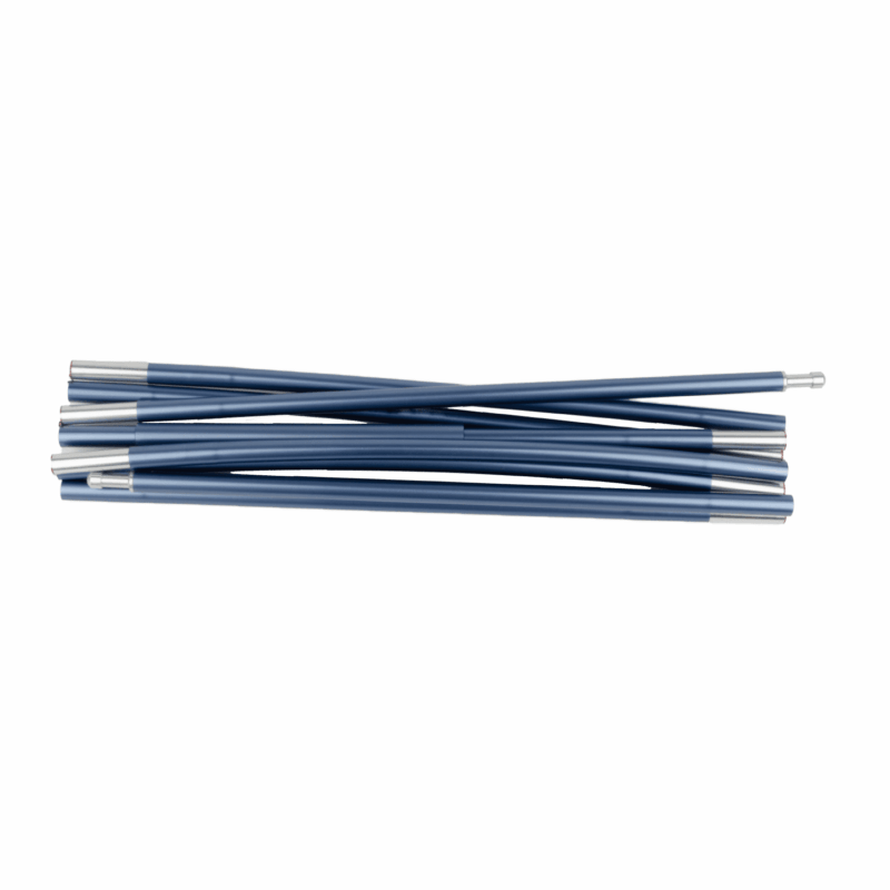 Stack of blue segmented aluminium tent poles with silver ferrules and internal shock-cord connectors, arranged horizontally on a white background