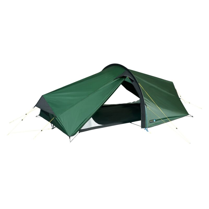 Laser-Compact-All-Season-2-1.jpg Low-profile green tunnel-style backpacking tent with a partially opened rainfly revealing a dark mesh inner sleeping area, curved poles and yellow guy lines, shown on a white background.