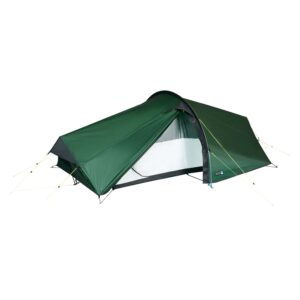 Laser-Compact-All-Season-2-Closed-3.jpg Low-profile dark green tunnel backpacking tent with a partially opened flysheet showing the white inner mesh and black bathtub groundsheet, staked out with yellow guy lines.