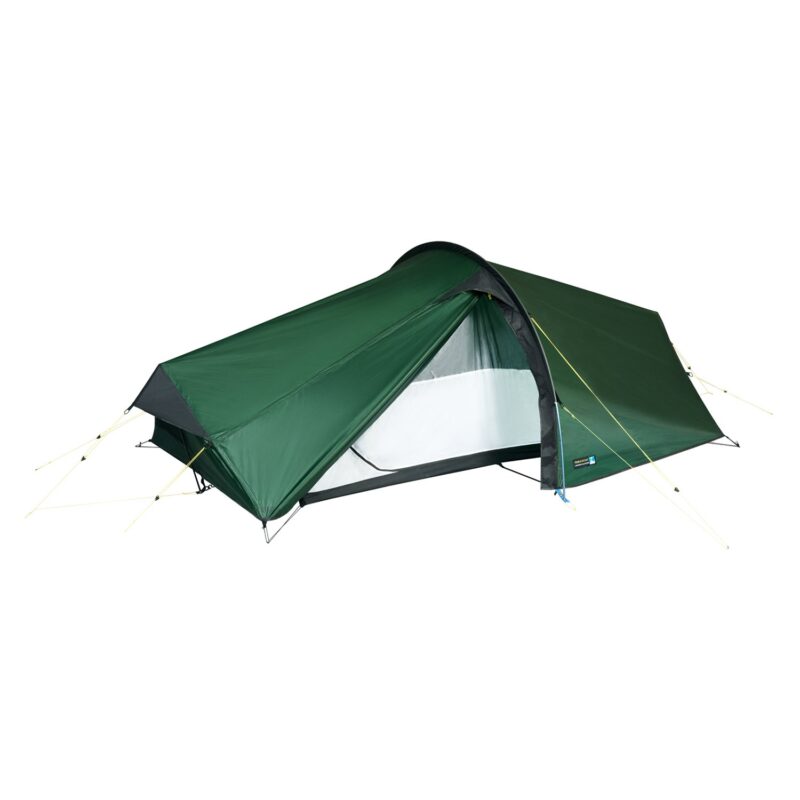 Laser-Compact-All-Season-2-Closed-3.jpg Low-profile dark green tunnel backpacking tent with a partially opened flysheet showing the white inner mesh and black bathtub groundsheet, staked out with yellow guy lines.