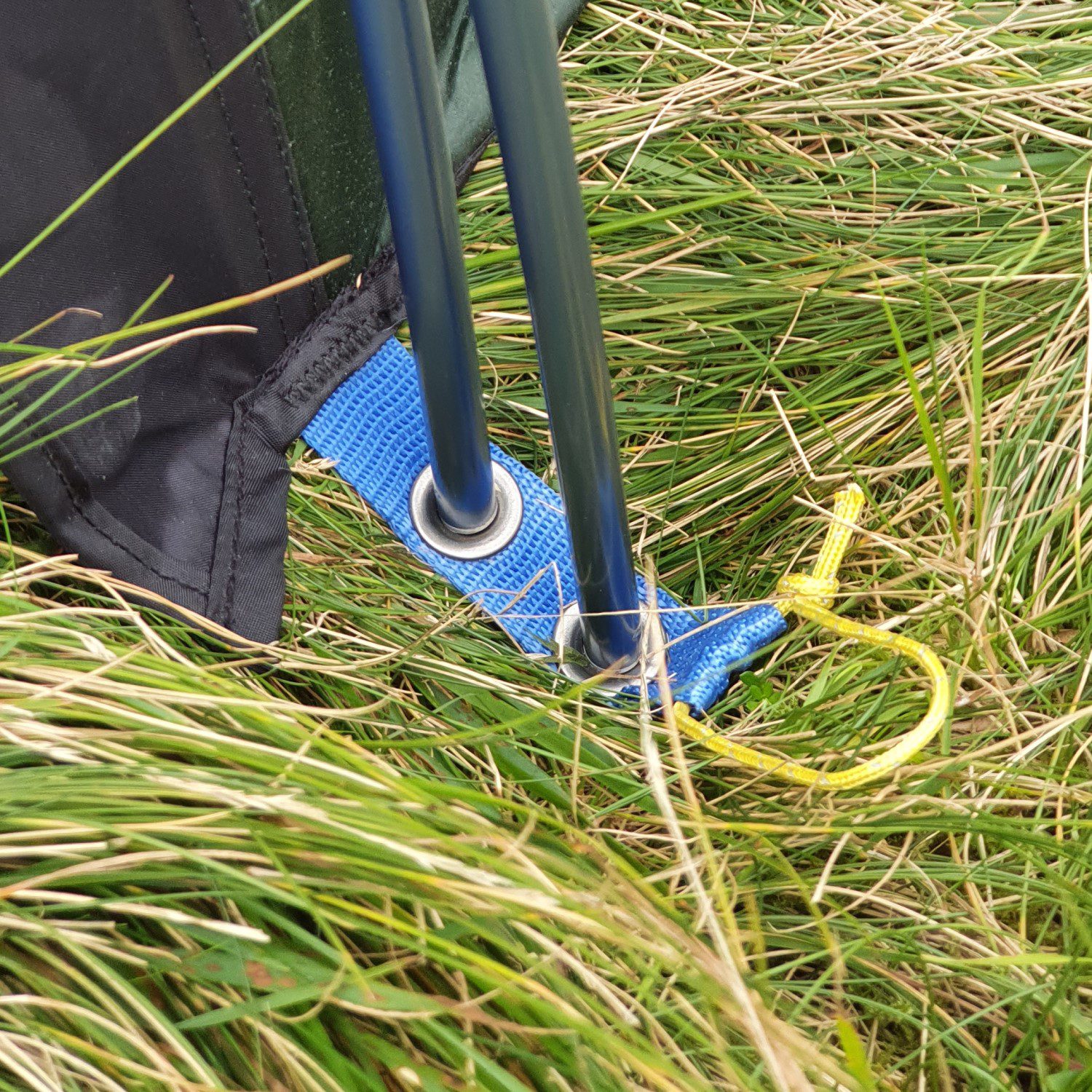 Close-up of two dark metal tent poles passing through a blue webbing loop with metal eyelets and a tied yellow cord, set among long green grass beside black fabric