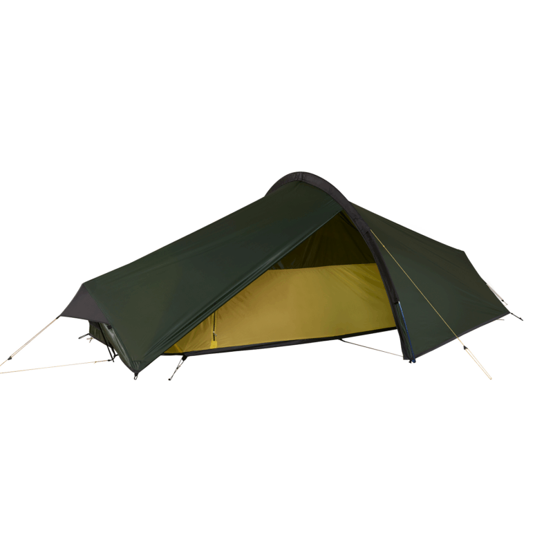 Laser-Competition-1500x1500-1-1.png Low-profile dark green single-person tunnel tent staked and guyed out with a partially open entrance revealing a yellow inner bivvy on a white background