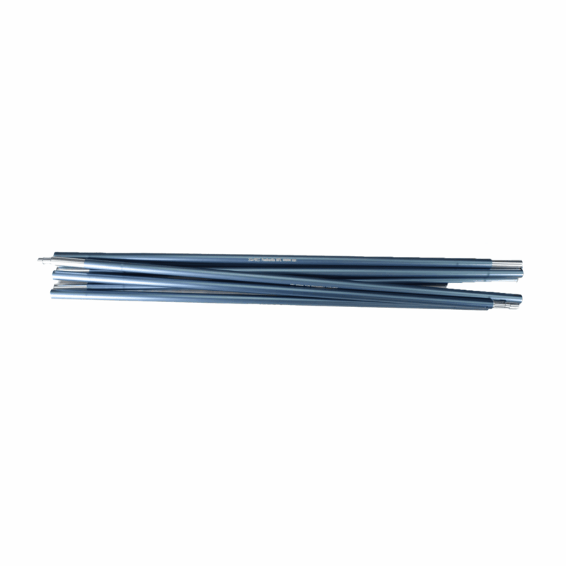 Several blue anodised aluminium tent poles with silver ferrules, stacked parallel on a white background.