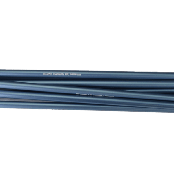 Several long teal-blue plastic tubes with white printed markings stacked horizontally against a white background