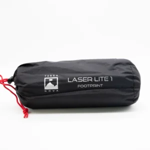 Black cylindrical stuff sack with white Terra Nova logo and the text Laser Lite 1 Footprint, closed with red drawcords