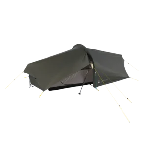 Low-profile olive-green one-person backpacking tarp tent pitched using a trekking pole at the entrance, with a covered mesh inner and several yellow guylines staked out.