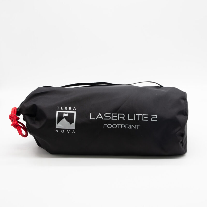 Laser-Lite-2-1-3.jpg Black cylindrical storage bag with Terra Nova logo and 'Laser Lite 2 Footprint' printed on the side, cinched closed with a red drawcord on a white background.