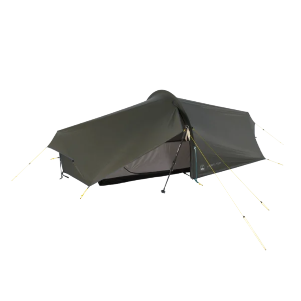 Low-profile olive-green one-person backpacking tarp tent pitched using a trekking pole at the entrance, with a covered mesh inner and several yellow guylines staked out.