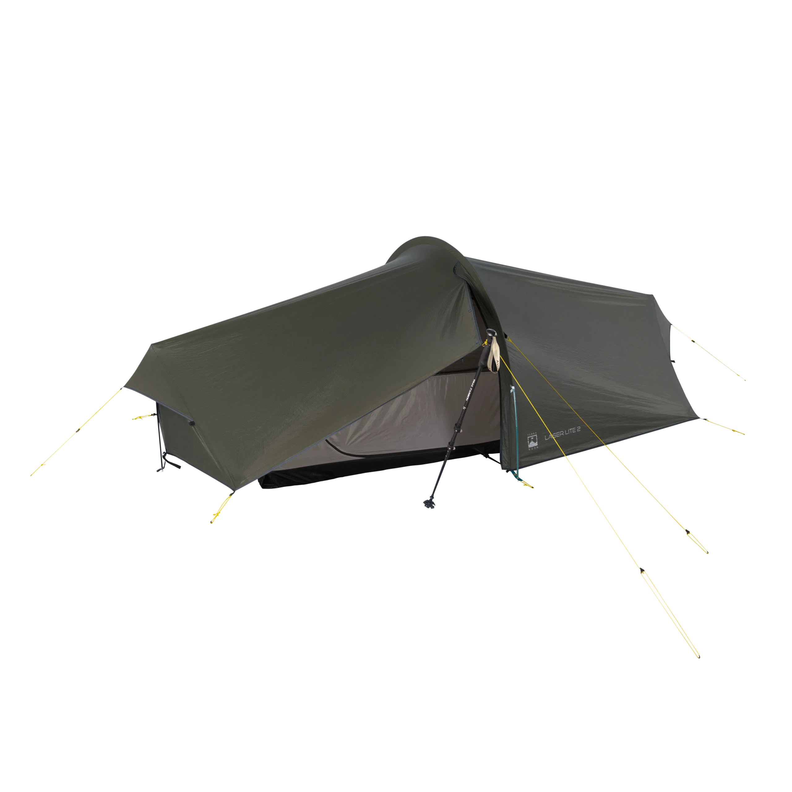 Laser-Lite-2-1-3.webp Low-profile olive-green one-person backpacking tarp tent pitched using a trekking pole at the entrance, with a covered mesh inner and several yellow guylines staked out.