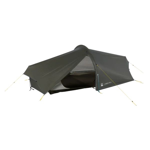 Low-profile olive-green two-person backpacking tent with a taut rainfly and open front revealing the inner mesh sleeping area, secured with yellow guy lines and marked with a Laser Lite 2 logo