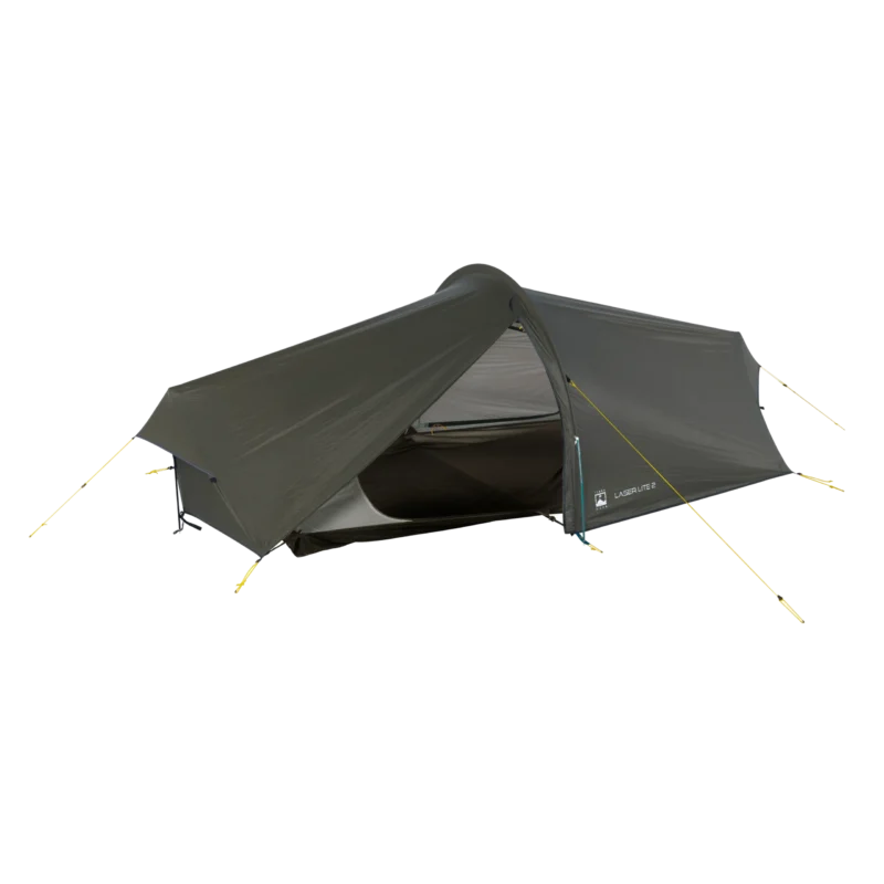 Low-profile olive-green two-person backpacking tent with a taut rainfly and open front revealing the inner mesh sleeping area, secured with yellow guy lines and marked with a Laser Lite 2 logo