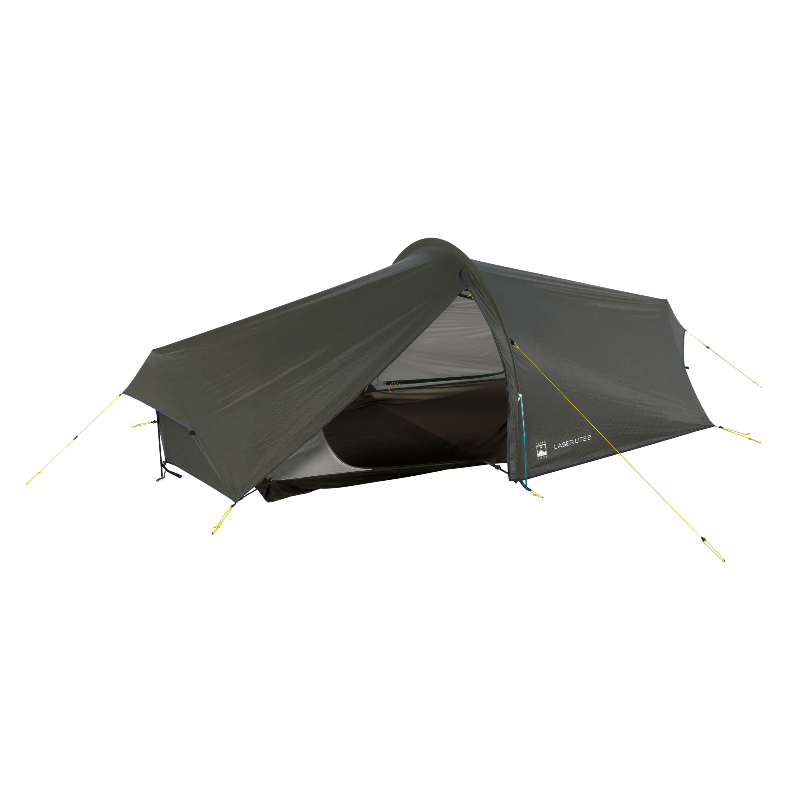 Low-profile olive-green two-person backpacking tent with a taut rainfly and open front revealing the inner mesh sleeping area, secured with yellow guy lines and marked with a Laser Lite 2 logo