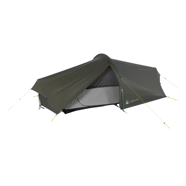 Low-profile olive-green tunnel tent with a partially open front revealing a grey inner sleeping compartment, supported by a central pole and yellow guy lines.